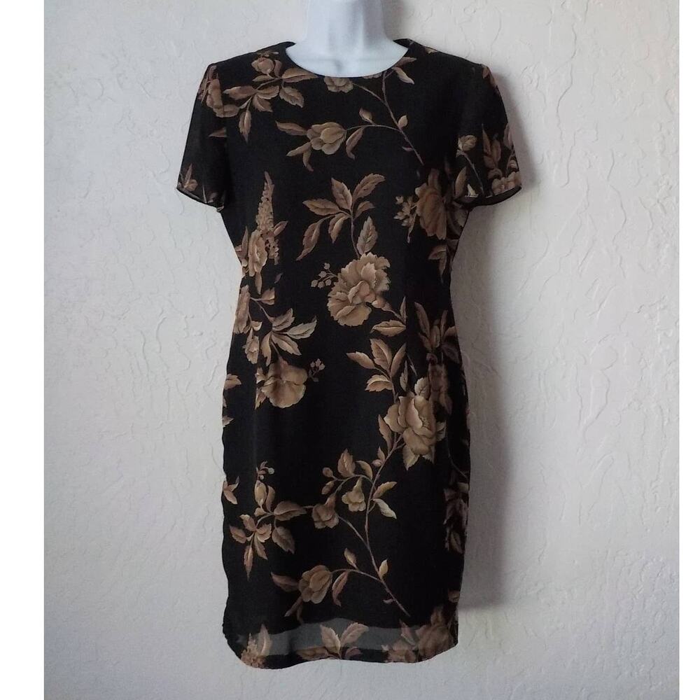 Vintage Talbots Women Size 2 Petite Black Floral Sheath Dress Beige Roses Zip Up